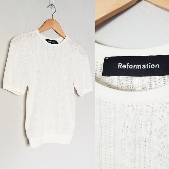 Reformation Rylie Pointelle Tee Shirt Top XS Short Sleeve Ivory Ecru Crewneck - Picture 13 of 16